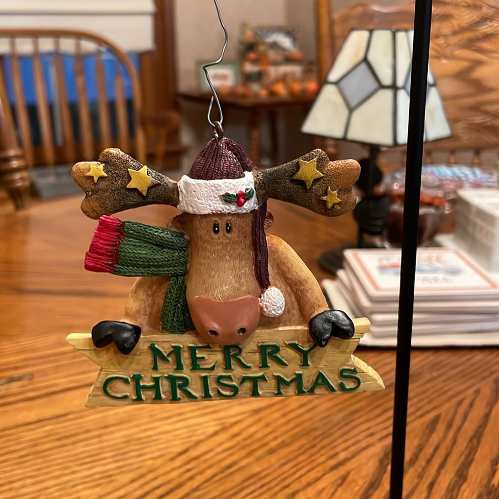 Moose Ornament with Sign Merry Christmas by Vicky Howard